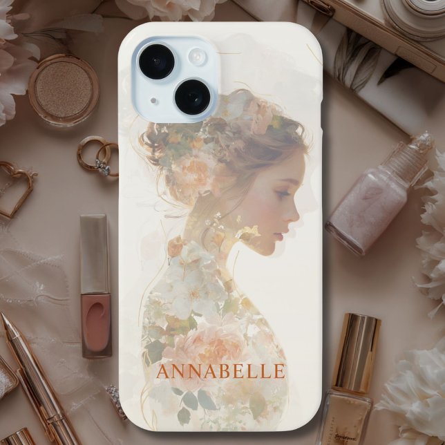 Funda De Case-Mate Para iPhone Personalizado de Silhouette de una floral romántic (Romantic Floral Woman Silhouette Custom Case-Mate iPhone Case with your Name or Text)