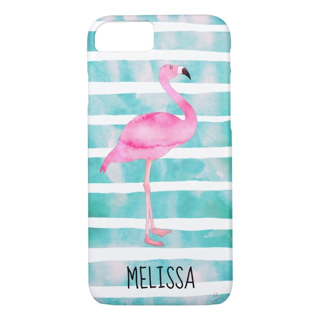Funda De Case-Mate Para iPhone Personalizado Flamingo Rosa Bandas Azul Turquesa (Reverso)