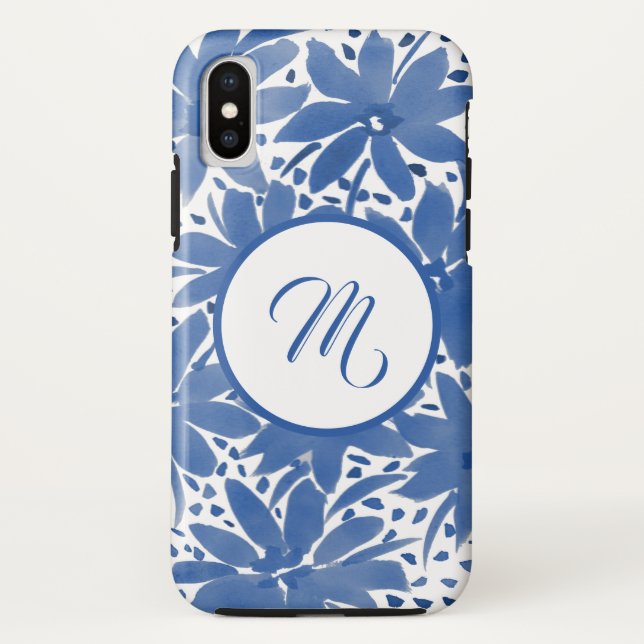 Funda De Case-Mate Para iPhone Personalizado Floral Monogramada Azul acuarela (Reverso)