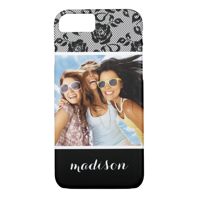 Funda De Case-Mate Para iPhone Personalizado Foto y nombre Patrón de encaje negro (Reverso)