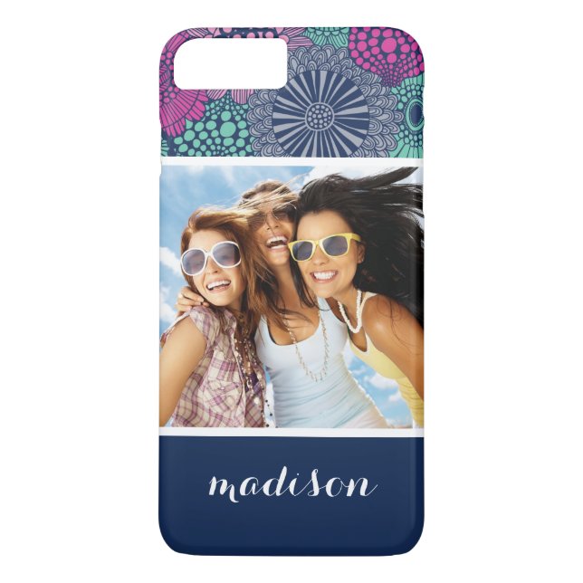 Funda De Case-Mate Para iPhone Personalizado Foto y nombre Patrón floral elegante (Reverso)