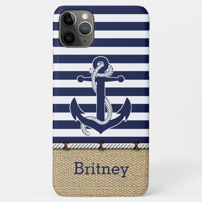 Funda De Case-Mate Para iPhone Personalizado Fun Navy Blue White Stripe Faux Jute (Reverso)