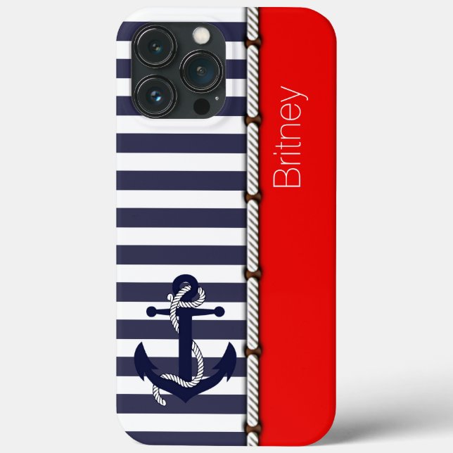 Funda De Case-Mate Para iPhone Personalizado Fun Navy Blue White Stripe Rojo bril (Reverso )