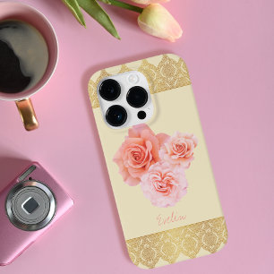 Funda Para iPhone 14 Pro De Case-Mate Personalizado Girly Floral Rosa y Golden Damask La