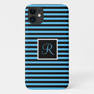Funda Para iPhone 11 Personalizado inicial azul y negro rayado