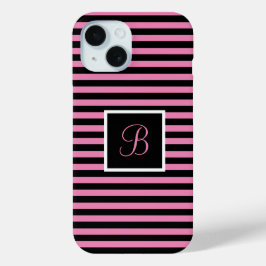 Funda Para iPhone 15 Personalizado inicial rosado y rayas negras