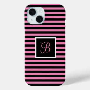 Funda Para iPhone 15 Personalizado inicial rosado y rayas negras