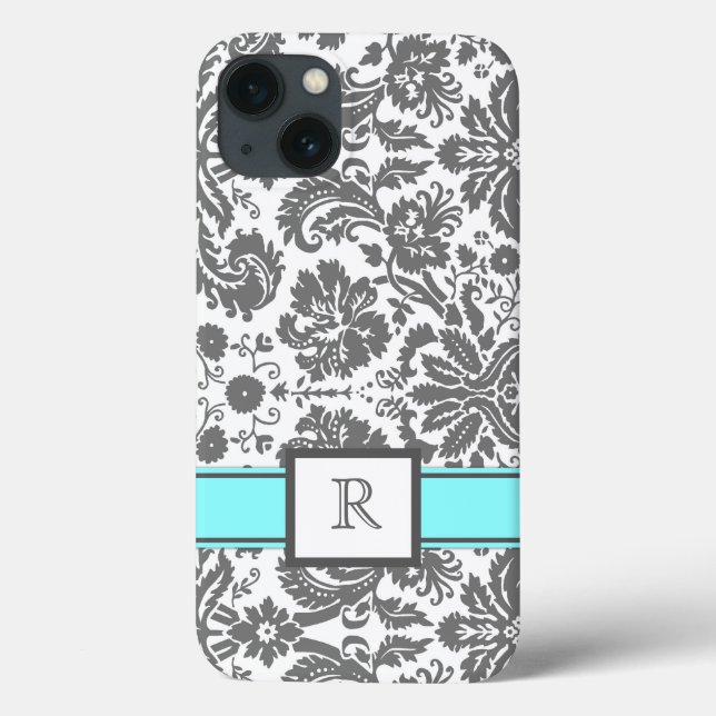 Funda De Case-Mate Para iPhone personalizado iPad Monograma Gray Aqua Floral Dama (Reverso)