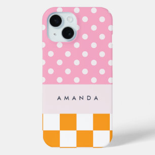 Funda Para iPhone 15 Personalizado Monograma Naranja rosa Comprobación