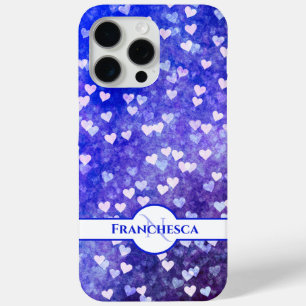 Funda Para iPhone 15 Pro Max Personalizado Monograma Nombre Corazón Azul Bokeh 