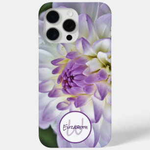 Funda Para iPhone 15 Pro Max Personalizado Monograma Nombre Flor Dahlia blanca