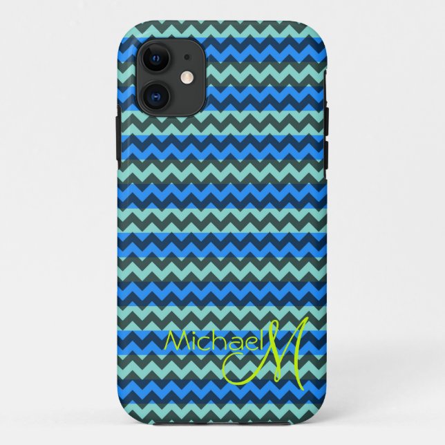 Funda De Case-Mate Para iPhone Personalizado Monograma Verde Azul Chevron Zigzag (Reverso)