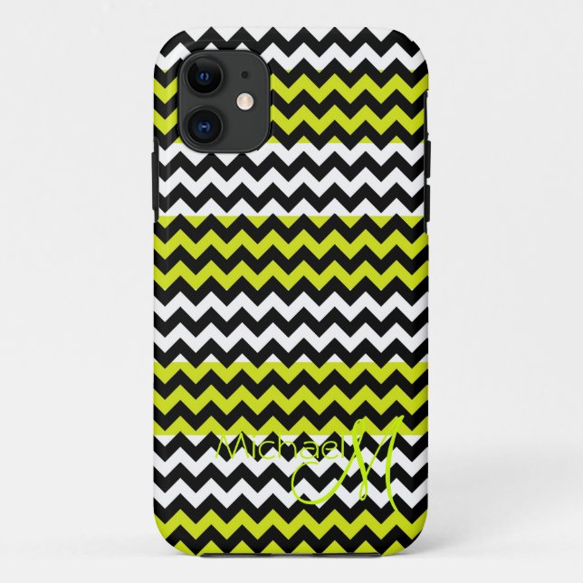 Funda De Case-Mate Para iPhone Personalizado Monograma Verde Chevron Blanco Zigza (Reverso)