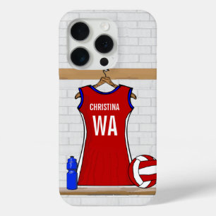 Funda Para iPhone 15 Pro Personalizado Netball Uniforme rojo con azul y bla