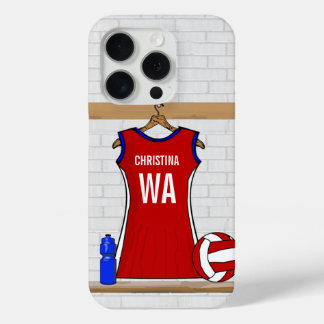 Funda Para iPhone 15 Pro Personalizado Netball Uniforme rojo con azul y bla