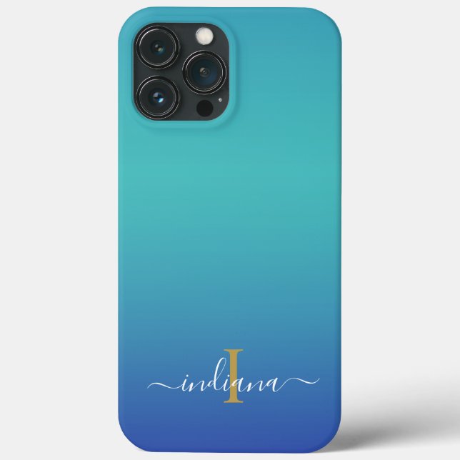 Funda De Case-Mate Para iPhone Personalizado Ombre Monograma Azul Turquesa Script (Reverso )