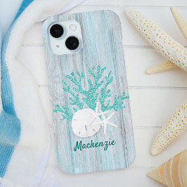 Funda Para iPhone 15 Personalizado Purpurina de Beach Coastal Wood Aqua