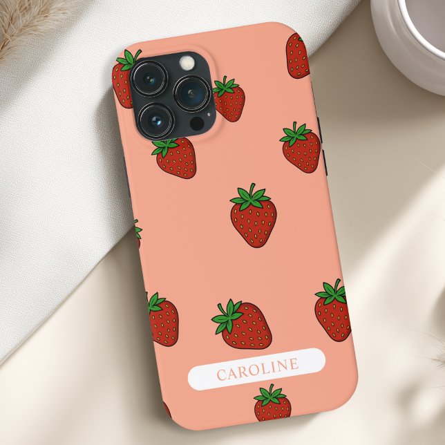 Funda De Case-Mate Para iPhone Personalizado Strawberry Coral (Custom Strawberry Case-Mate Coral iPhone Case with your Name or Text)