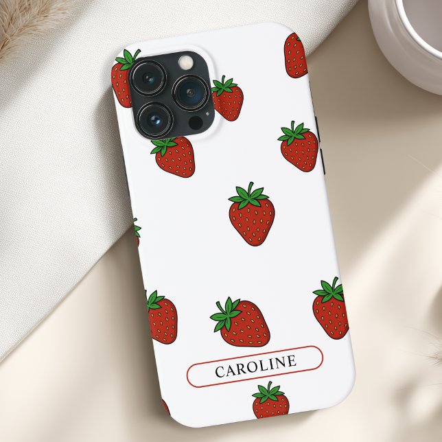 Funda De Case-Mate Para iPhone Personalizado Strawberry White (Custom Strawberry Case-Mate White Red iPhone Case with your Name or Text)