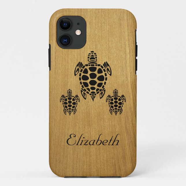 Funda De Case-Mate Para iPhone Personalizado Tribal Sea Turtle Faux Wood (Reverso)