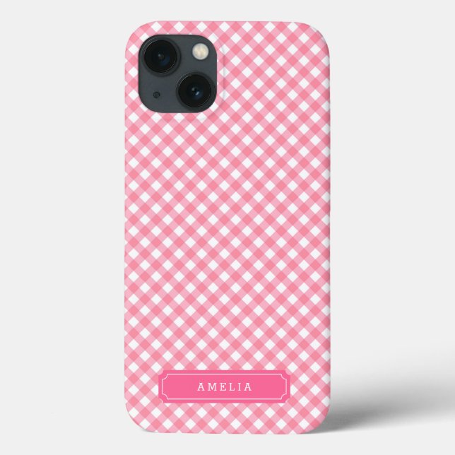 Funda De Case-Mate Para iPhone Personalizar con nombre Baby Pink Gingham (Reverso)