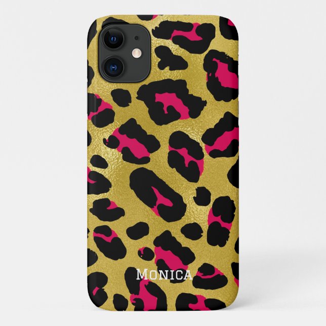 Funda De Case-Mate Para iPhone Personalized Name Chic Gold Glitter Black Leopard  (Reverso)