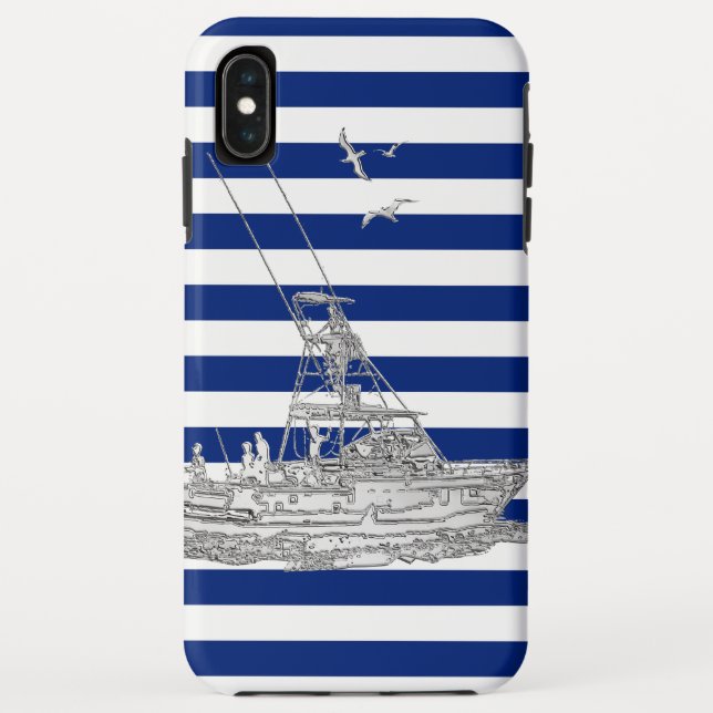 Funda De Case-Mate Para iPhone Pesca de Marlín Plateado sobre Rayas Náuticas (Reverso)