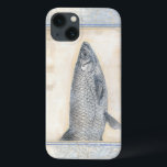 Funda Para iPhone 13 Pescado gris en fondo beige<br><div class="desc">El artista Norman Wyatt es talentoso y conocido por sus impresiones artísticas sobre la vida marina. En esta imagen vívida, captura un pez gris en su estilo más natural. También añadió un marco azul y beige de inspiración vintage para que parezca más único y contemporáneo. Esta pieza de arte sería...</div>