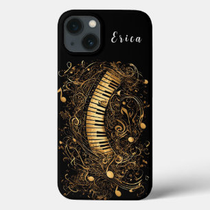 Funda Para iPhone 13 Piano Artístico Dorado y Notas Musicales