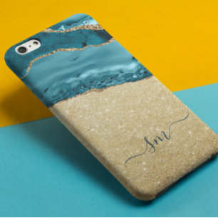 Funda Para iPhone 13 Piedra de Monograma de Ágata Azul Teal con Oro