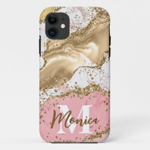 Funda Para iPhone 11 Piedra rosa y blanca y monograma de ágata con bril
