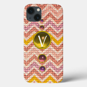 FUNDA PARA iPhone 13 PIEDRAS PRECIOSAS AMARILLAS ROSADAS Y CHEVRONES MO