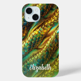 Funda Para iPhone 15 Piel de serpiente verde y diseño oscuro dorado