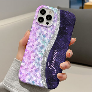 Funda Para iPhone 13 Piel de sirena púrpura plata falso brillo monogram
