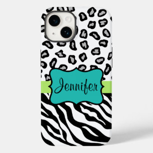 Funda Para iPhone 14 De Case-Mate Piel leopardo de cebra Cheetah Nombre Verde azulad