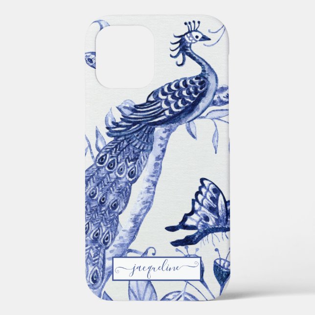 Funda De Case-Mate Para iPhone Pieza de pavo real Chinoiserie azul y blanco (Reverso )