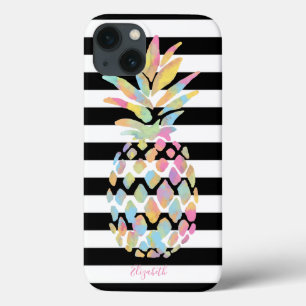 Funda Para iPhone 13 Piña Colorida Femenina, Rayas Blancas y Negras