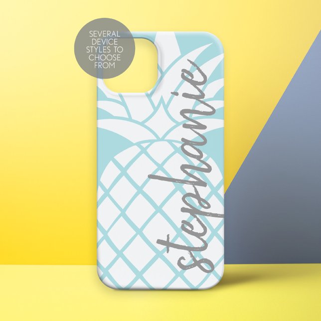 Funda De Case-Mate Para iPhone Piña de paño azul y blanco con nombre (Personalized Phone Case - Trendy Pineapple)