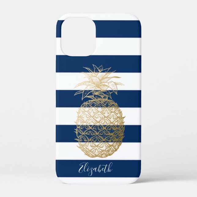 Funda De Case-Mate Para iPhone Piña dorada, azul marino a rayas personalizadas (Reverso )