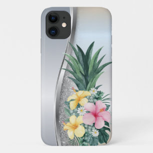 Funda Para iPhone 11 Piña Tropical Flores Brillo Plata Fresco