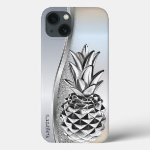 Funda Para iPhone 13 Piña Tropical Metalizada Glitter Plata Fría