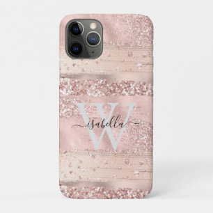 Funda Para iPhone 11 Pro Pinceladas de Rosa Dorado Brillo Monograma de Letr