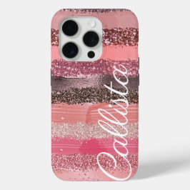 Funda Para iPhone 15 Pro Pinceladas Purpurinas de pintura de coral rosa de