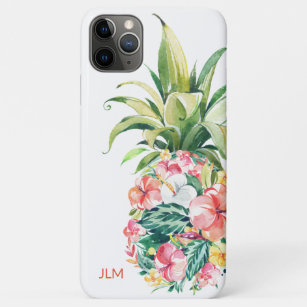 Funda Para iPhone 11 Pro Max Pineápia floral de acuarela tropical con Iniciales