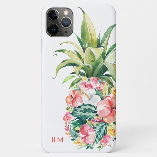Funda De Case-Mate Para iPhone Pineápia floral de acuarela tropical con Iniciales (Reverso)