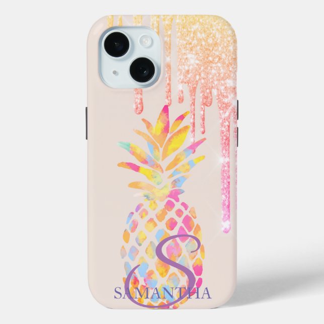 Funda De Case-Mate Para iPhone Pineapple de acuarela con gotas de brillo (Reverso )