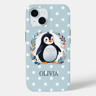Funda Para iPhone 15 Pingüino de dibujos animados lindo y flores