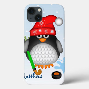 Funda Para iPhone 13 Pingüino de hockey con nombre gorra y personalizad