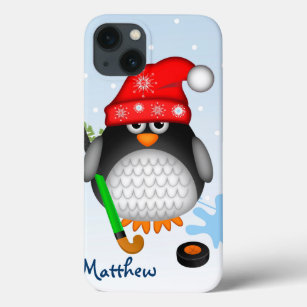 Funda Para iPhone 13 Pingüino de hockey con nombre gorra y personalizad