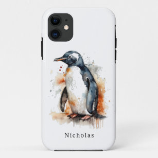 Funda Para iPhone 11 pingüino en naranja y acuarela negra
